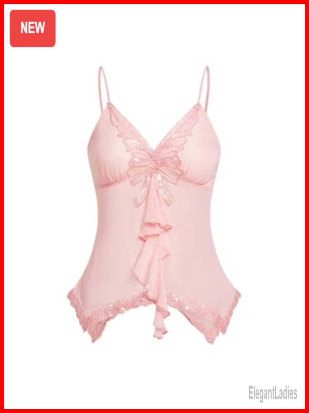 Y2k Sequin Butterfly Lace Sheer Mesh Asymmetrical Cami Top